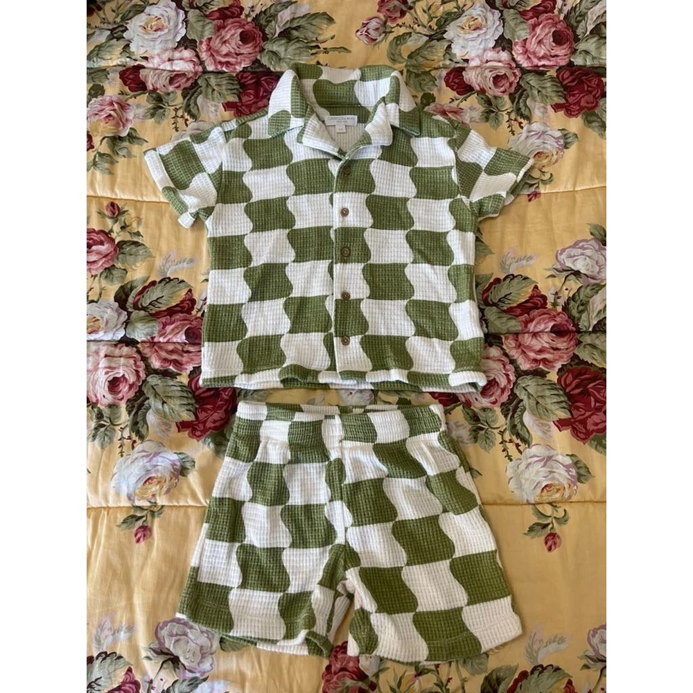 Grayson Mini Kids 4T Green Wavy Checkerboard Waffle Knit Shirt and Shorts Set